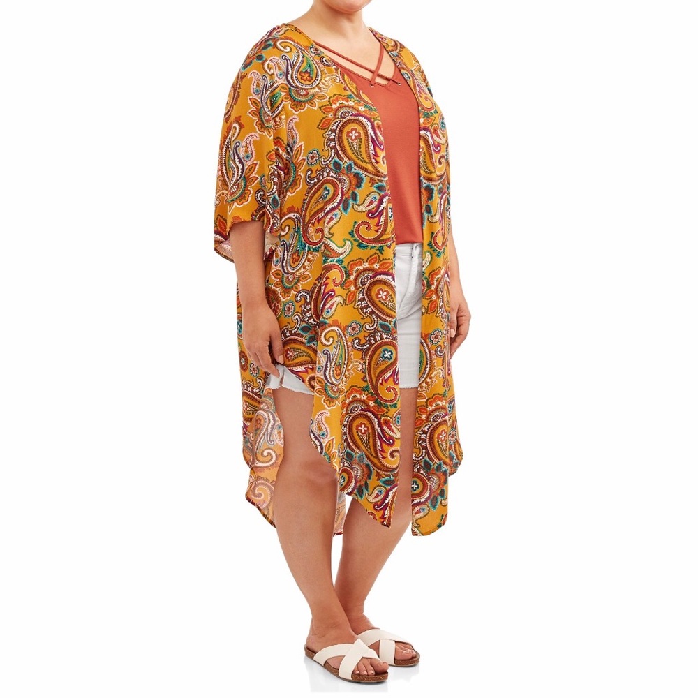 Terra & Sky Women’s Plus Size Duster Length Paisley Print Kimono Size 0X (14W)
